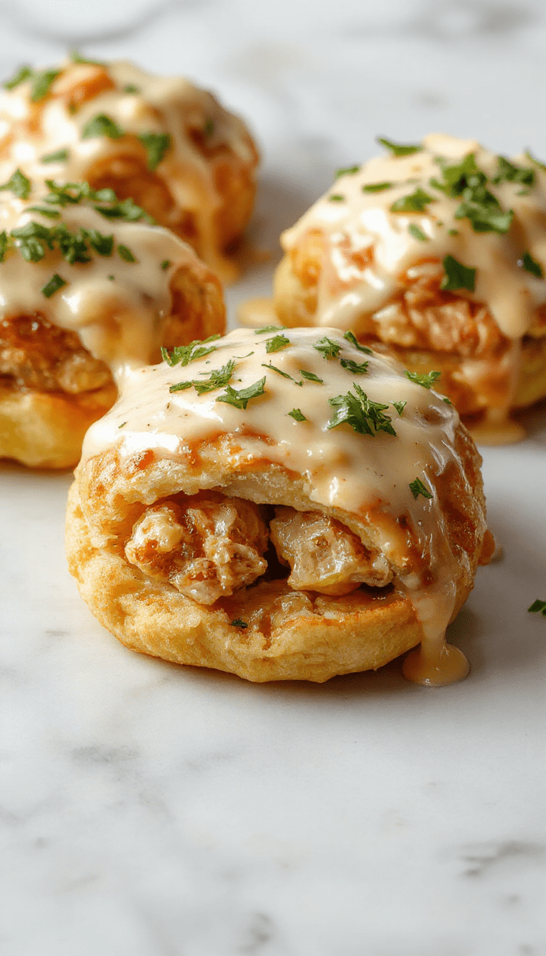 Golden-brown flaky crescent rolls filled with tender shredded chicken and melted cheese, garnished with fresh herbs, served on a rustic white plate with a side of green salad, beautifully styled for a cozy homemade meal