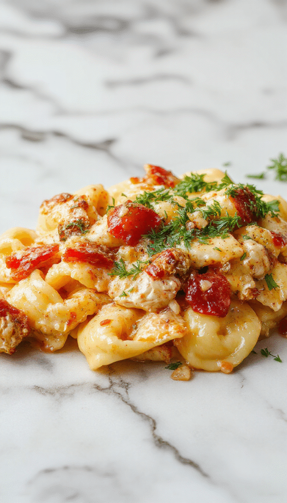 A vibrant plate of creamy chicken tortellini garnished with fresh basil and grated Parmesan cheese. The tortellini are sauced generously with a rich, cheesy cream-based sauce, contrasting with the green basil and white Parmesan. The dish is styled on a rustic wooden table with a fork resting on the side, showcasing the textures of the cheese-filled pasta and creamy sauce.
