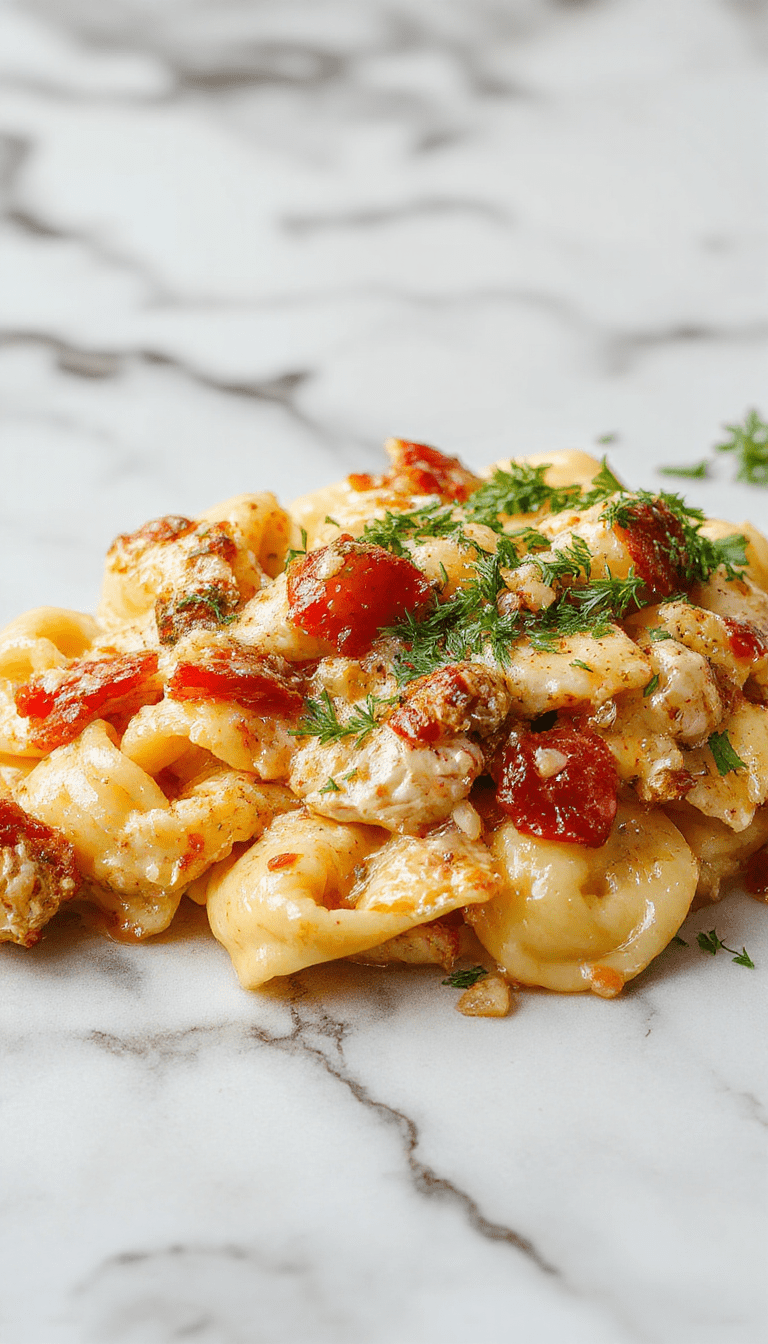 A vibrant plate of creamy chicken tortellini garnished with fresh basil and grated Parmesan cheese. The tortellini are sauced generously with a rich, cheesy cream-based sauce, contrasting with the green basil and white Parmesan. The dish is styled on a rustic wooden table with a fork resting on the side, showcasing the textures of the cheese-filled pasta and creamy sauce.
