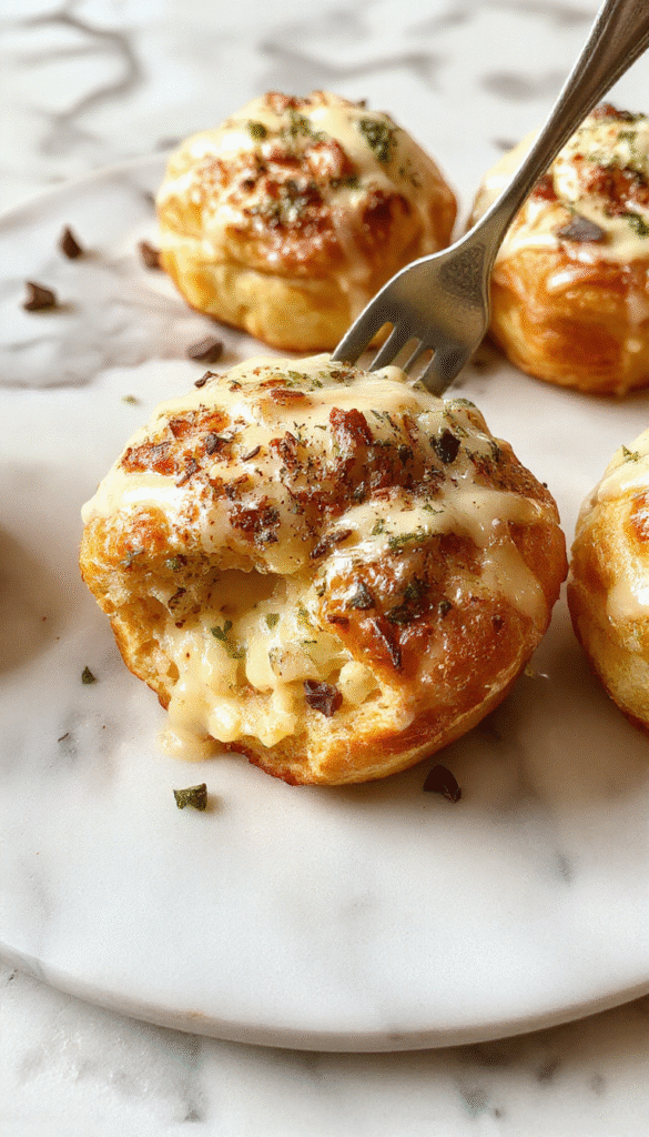 A warm, golden-brown pull apart bread topped with melted cheese, garnished with fresh herbs, served on a rustic wooden platter with a gooey, cheesy texture visible on each segment.