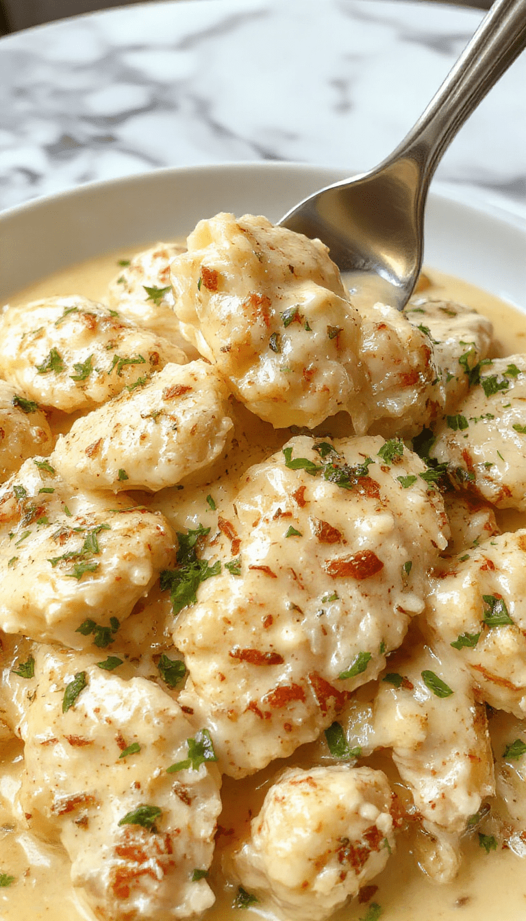 A close-up of a creamy chicken Alfredo dish featuring tender sliced chicken breasts atop a bed of fettuccine coated in rich, smooth Alfredo sauce, garnished with fresh parsley and grated Parmesan cheese. The vibrant white sauce contrasts beautifully with the golden-brown chicken slices and the light green parsley, all served in a rustic white bowl on a wooden table.