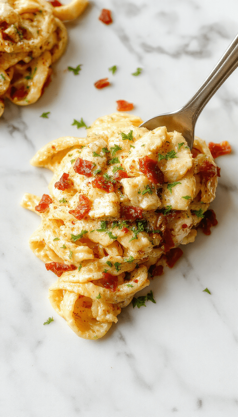 A close-up of a creamy pasta dish in a white bowl, featuring tender slices of grilled chicken, crispy bacon bits, and a smooth, cheesy ranch sauce, garnished with fresh herbs and grated cheese, with a rustic wooden table background, capturing the rich textures and inviting colors of the dish.