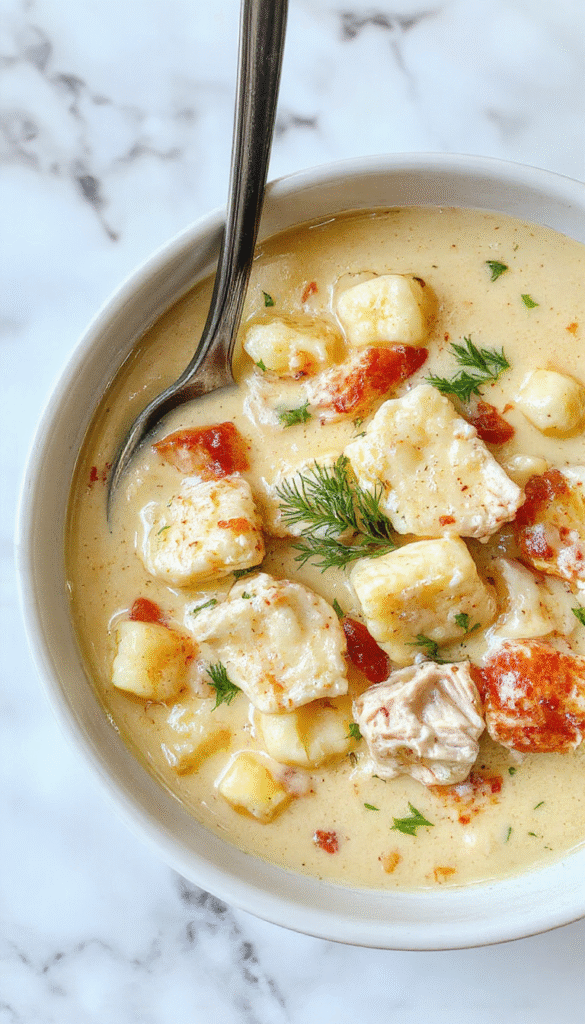 A steaming bowl of creamy chicken gnocchi soup garnished with fresh herbs, showing tender gnocchi, shredded chicken, spinach, and a rich broth in a white ceramic bowl on a rustic wooden table with a spoon resting beside it.