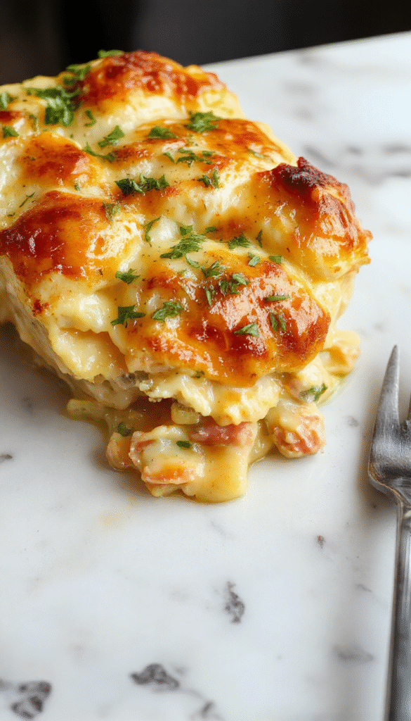 A golden-brown chicken pot pie casserole topped with crispy pastry crust, garnished with fresh herbs, served in a rustic ceramic dish with visible chunks of tender chicken, mixed vegetables, and creamy sauce, styled with a sprig of thyme and a side of fresh salad