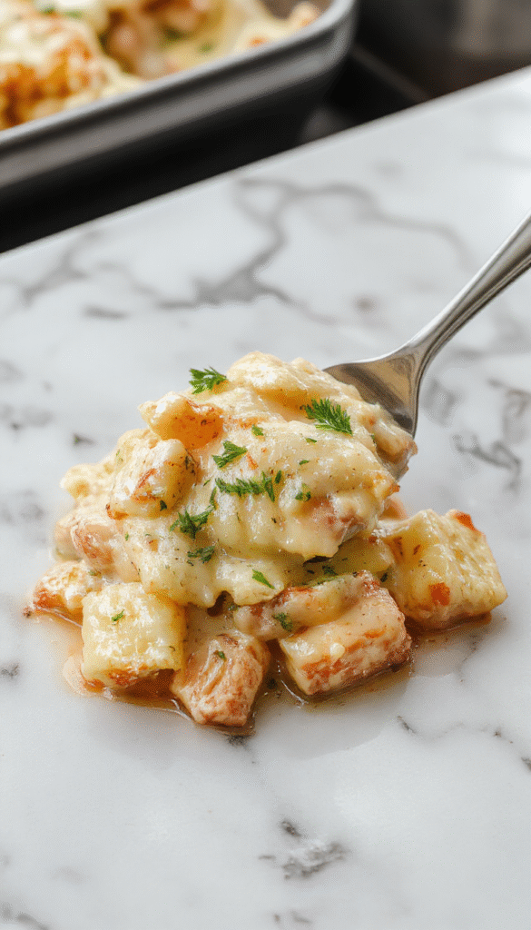 A vibrant plate featuring perfectly cooked pasta topped with creamy chicken pot pie filling, garnished with fresh herbs, served in a rustic bowl with a golden, flaky crust crumble topping, contrasting textures of tender chicken, vegetables, and golden crust, styled with a cozy kitchen background
