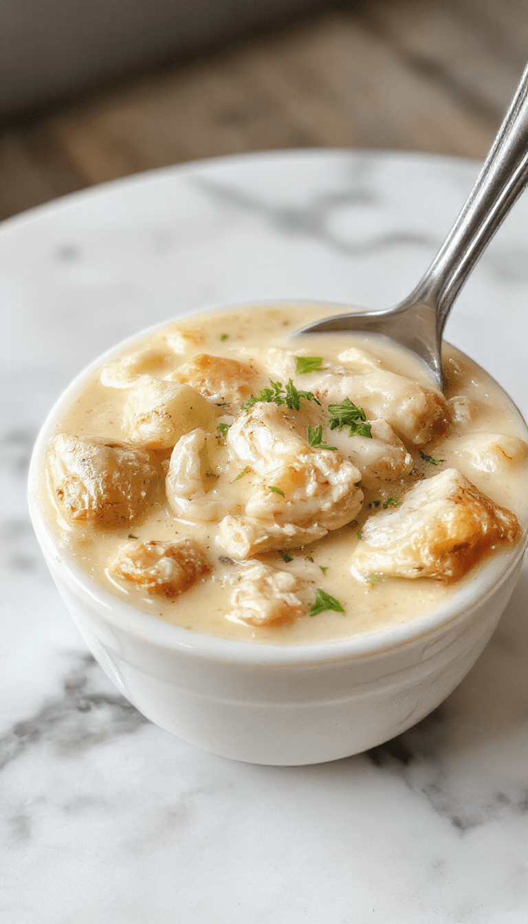 A steaming bowl of creamy chicken pot pie soup garnished with fresh herbs, showcasing tender chunks of chicken and vegetables in a rich, velvety broth, served on a rustic wooden table with a spoon and crusty bread in the background.