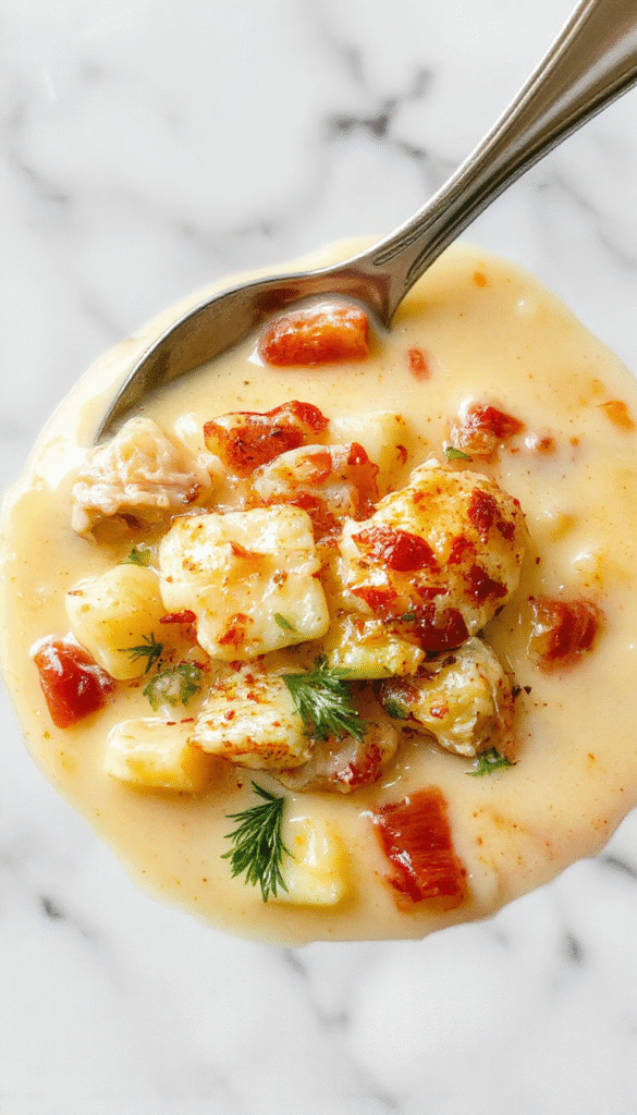 A vibrant bowl of creamy chicken pot pie soup with chunks of tender chicken, vegetables, and a flaky pastry topping, garnished with fresh herbs on a rustic wooden table.
