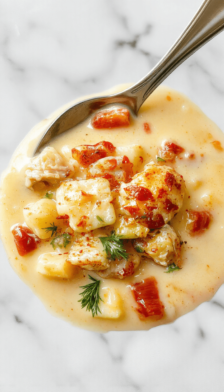 A vibrant bowl of creamy chicken pot pie soup with chunks of tender chicken, vegetables, and a flaky pastry topping, garnished with fresh herbs on a rustic wooden table.