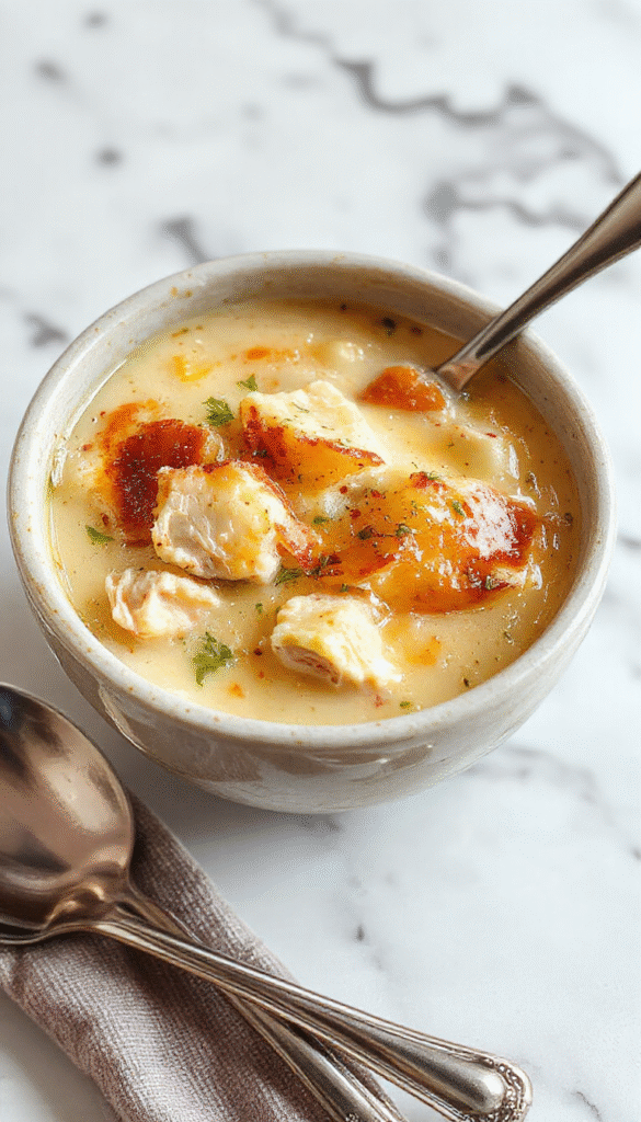 A warm bowl of creamy chicken pot pie soup topped with flaky pastry crumble and fresh herbs, steam rising in a cozy kitchen setting with rustic background