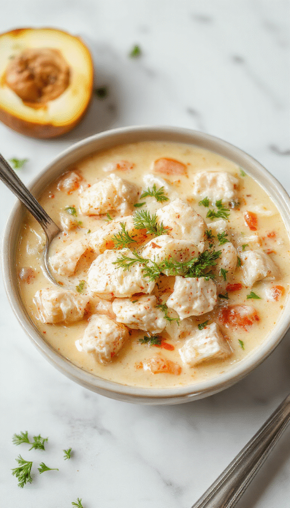 A steaming bowl of creamy chicken and rice soup featuring tender shredded chicken, fluffy rice, and a smooth creamy broth, garnished with fresh herbs and a sprinkle of black pepper, served on a rustic wooden table with a spoon resting beside it, vibrant colors highlighting the warm and inviting dish