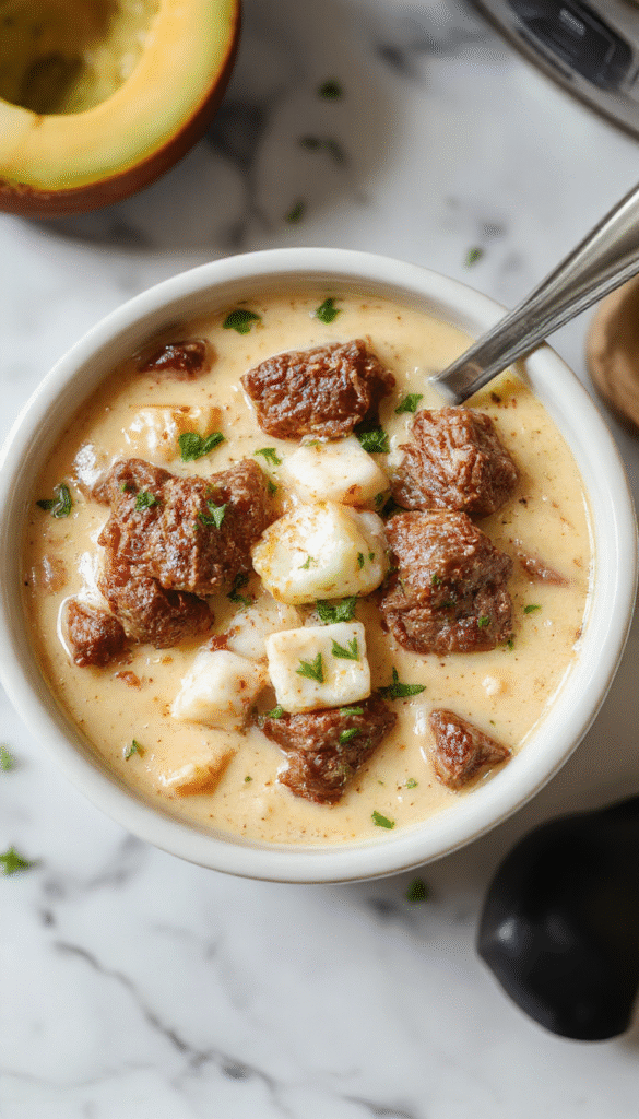 A vibrant bowl of slow cooker beef coconut curry featuring tender chunks of beef submerged in a rich, creamy coconut sauce, garnished with fresh cilantro and sliced red chilies, served alongside fluffy rice on a rustic wooden platter.
