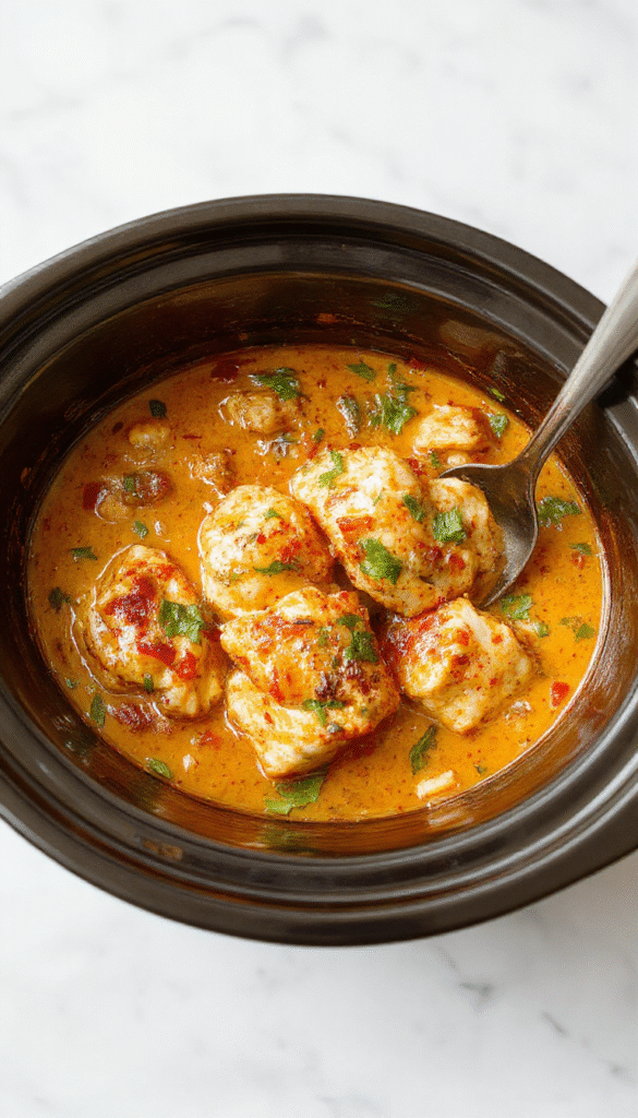 A vibrant bowl of creamy coconut chicken tikka masala featuring tender pieces of chicken coated in a rich, silky sauce with hints of orange and red spices, garnished with fresh cilantro and served alongside fluffy rice on a rustic wooden table.