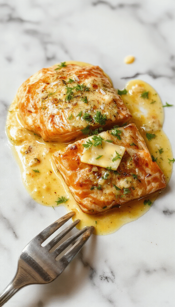 A vibrant plate featuring tender salmon fillets coated in a rich, creamy coconut curry sauce, topped with chopped herbs. The dish is beautifully plated on a white round plate, garnished with fresh cilantro and lemon slices, with a drizzle of garlic butter around the salmon. The colors are warm and inviting, showcasing golden-brown salmon, creamy coconut sauce, and green herbs, styled elegantly to highlight the textures and flavors.