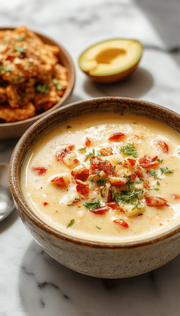 A steaming bowl of creamy cowboy soup in a rustic white bowl, topped with fresh chopped parsley, surrounded by crusty bread and slices of cooked beef, showcasing a thick, velvety texture and vibrant garnish, styled on a wooden table with a cozy, inviting atmosphere.