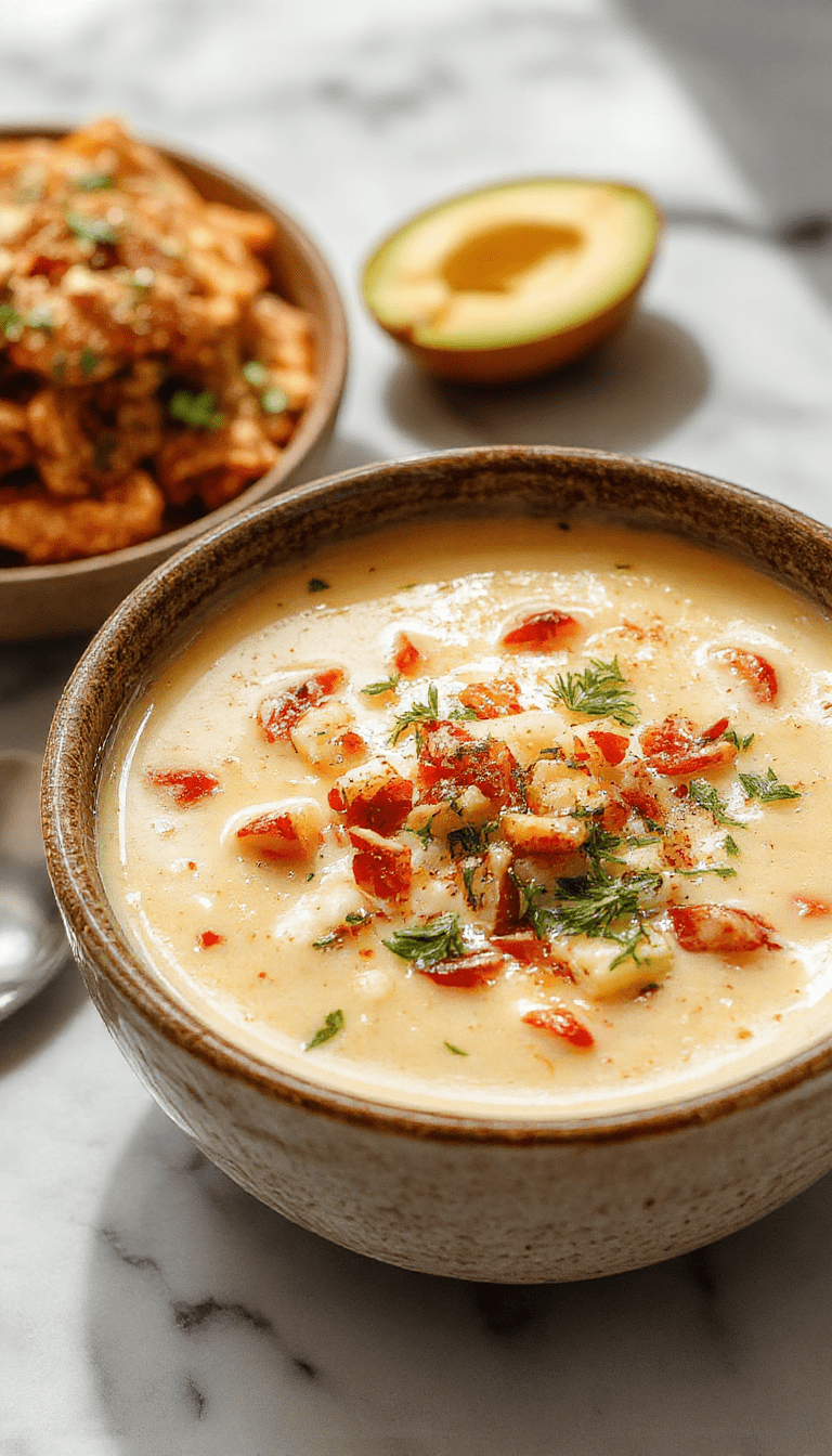 A steaming bowl of creamy cowboy soup in a rustic white bowl, topped with fresh chopped parsley, surrounded by crusty bread and slices of cooked beef, showcasing a thick, velvety texture and vibrant garnish, styled on a wooden table with a cozy, inviting atmosphere.