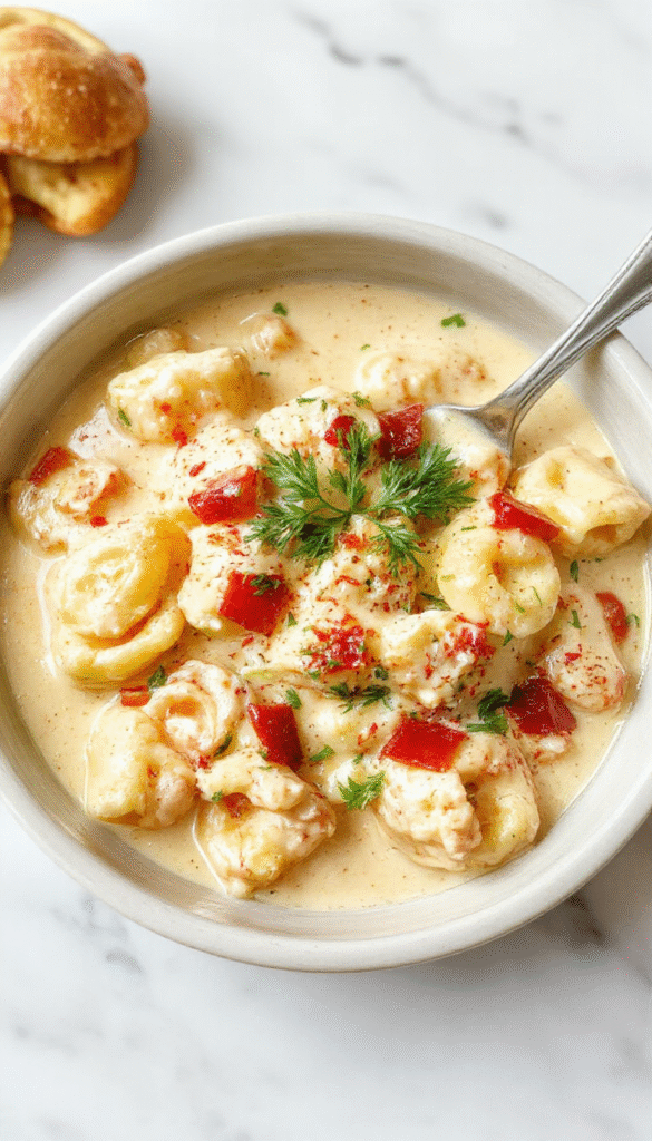 A vibrant dish in a white bowl featuring creamy chicken tortellini with golden-brown chicken pieces on top, garnished with fresh green herbs, served alongside a sprig of basil, with a background of a rustic wooden table and a vibrant pop of red tomato slices and green spinach, showcasing a rich, creamy texture and colorful presentation