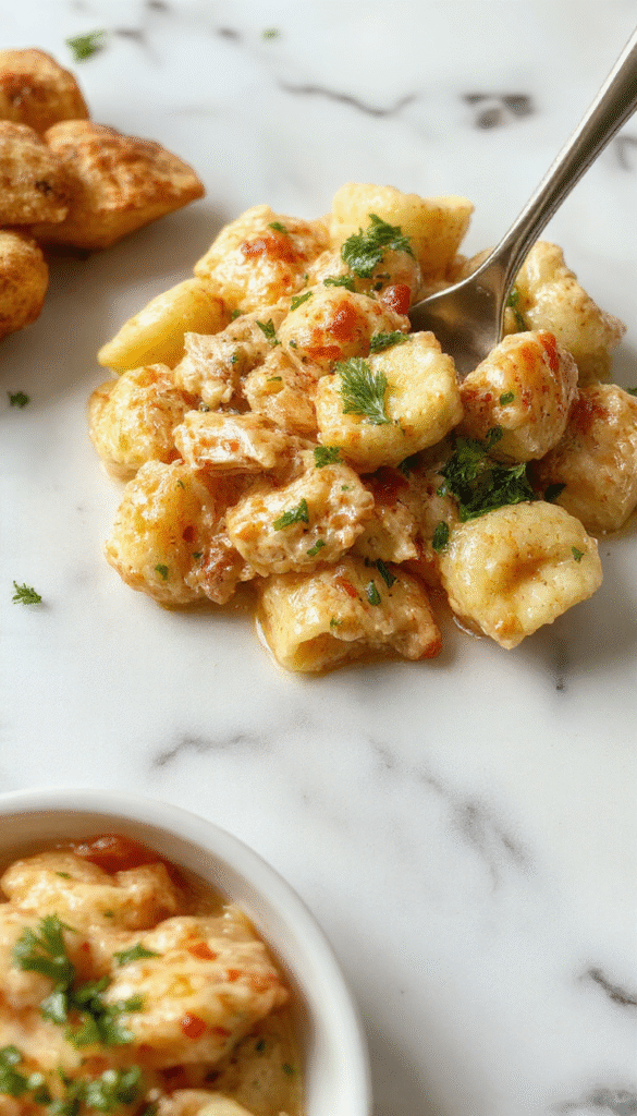 Colorful bowl of creamy chicken tortellini topped with fresh herbs, served on a rustic wooden table, with bubbling sauce revealing tender tortellini and shredded chicken