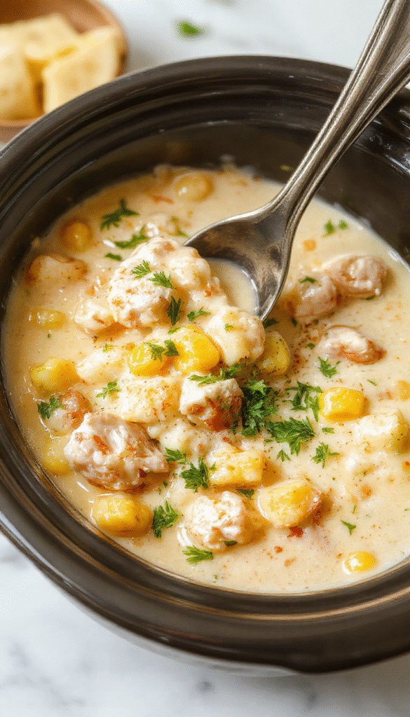 A vibrant bowl of creamy chicken corn chowder styled with sprigs of fresh herbs on a rustic wooden table, showcasing chunks of tender chicken, yellow corn kernels, and rich broth with a smooth, velvety texture, garnished with chopped green onions and a sprinkle of pepper.