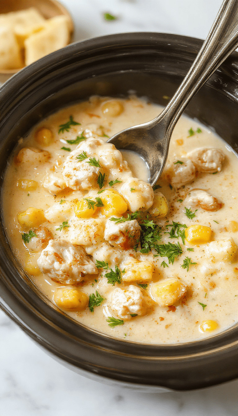 A vibrant bowl of creamy chicken corn chowder styled with sprigs of fresh herbs on a rustic wooden table, showcasing chunks of tender chicken, yellow corn kernels, and rich broth with a smooth, velvety texture, garnished with chopped green onions and a sprinkle of pepper.