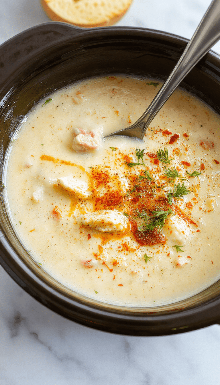 A steaming bowl of creamy chicken parmesan soup garnished with melted cheese, fresh basil, and crispy bread crumbs, served on a rustic wooden table with a spoon and napkin, vibrant colors highlighting the rich tomato base, melty cheese textures, and fresh herbs.