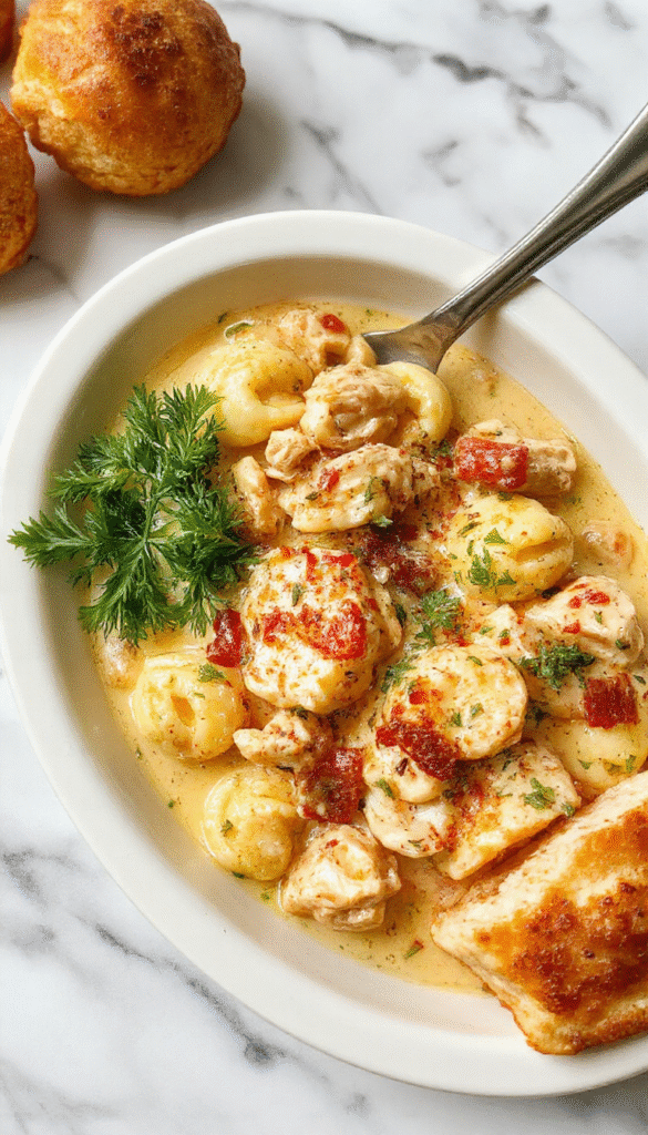 A colorful bowl of creamy chicken tortellini featuring golden-topped tortellini pasta mixed with tender shredded chicken and fresh herbs, garnished with parsley, set on a rustic wooden table with a spoon, capturing vibrant textures and inviting colors.