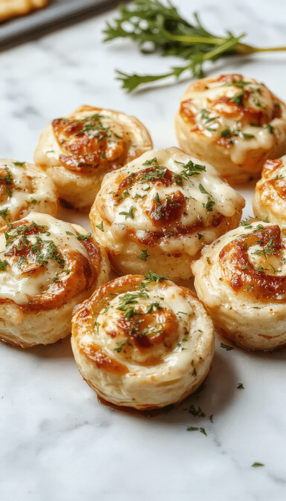 Golden-brown cheesy garlic rolls arranged on a rustic wooden platter, topped with bubbling melted cheese and sprinkled with fresh parsley. The rolls have a soft, fluffy texture with crispy edges, and the garlic butter glaze glistens under warm light, making them look irresistible and inviting.