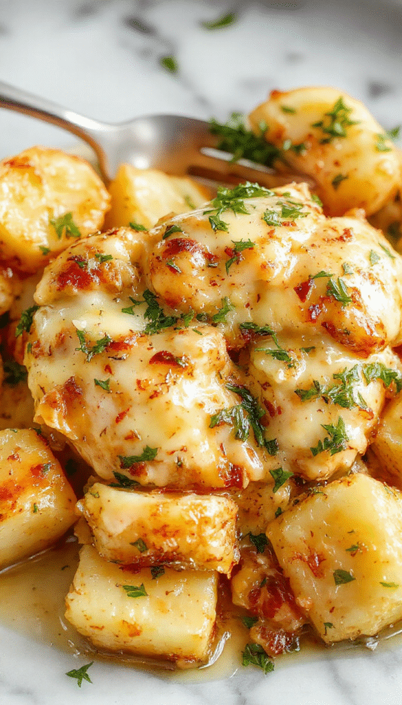 A rustic white plate featuring tender shredded chicken and roasted potatoes coated in a creamy garlic Parmesan sauce. The dish is garnished with chopped parsley and set against a wooden table with a napkin and utensils, showcasing a hearty, wholesome meal with a buttery texture and golden-brown potatoes.