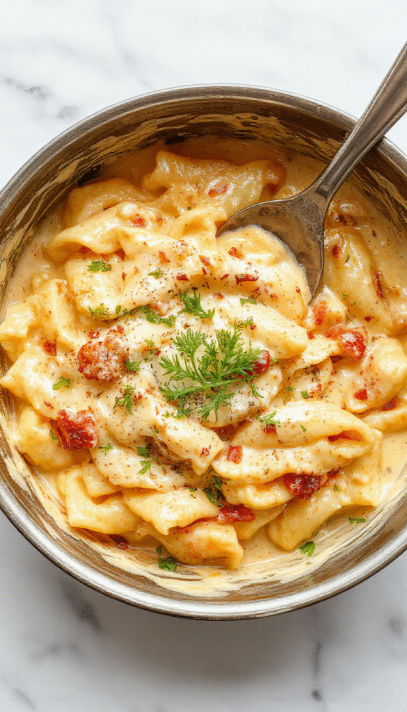 A steaming bowl of creamy garlic pasta garnished with fresh parsley, topped with grated Parmesan cheese on a rustic wooden table, showcasing a rich, smooth sauce with visible garlic bits and perfectly cooked pasta, styled in a casual, inviting manner