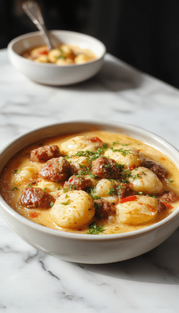 A steaming bowl of creamy Italian sausage gnocchi soup featuring plump gnocchi, browned sausage crumbles, and fresh herbs in a rich, velvety broth, garnished with shredded cheese and chopped parsley, styled in a rustic bowl on a wooden table with a spoon lifting a spoonful, vibrant colors and warm lighting highlighting textures