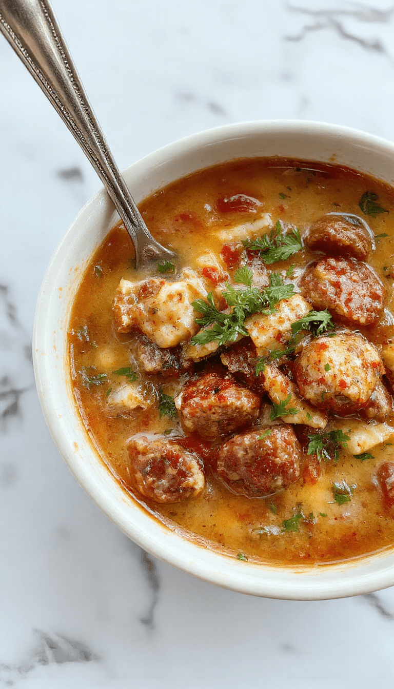 A vibrant bowl of creamy Italian sausage soup garnished with fresh herbs, featuring sliced sausage, spinach, and melted parmesan cheese against a rustic wooden background, with a spoon resting on the side.