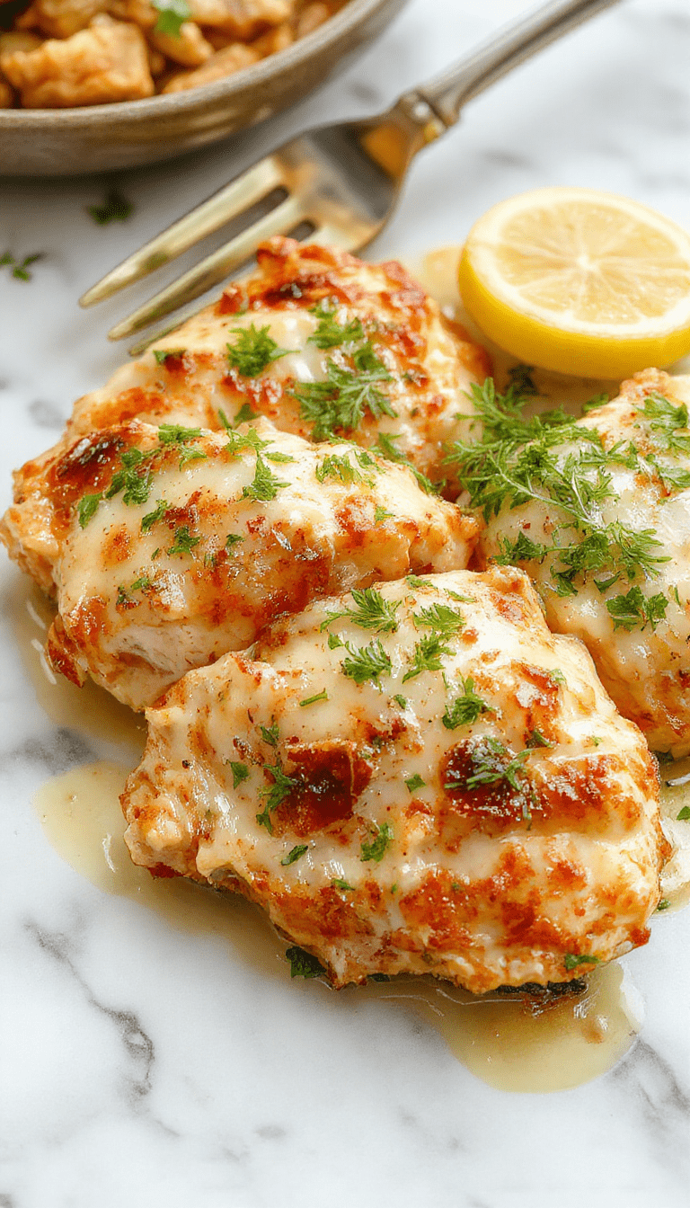 Brightly plated lemon chicken romano with golden-brown crust, fresh lemon slices, sprinkled romano cheese, garnished with herbs on a rustic wooden table