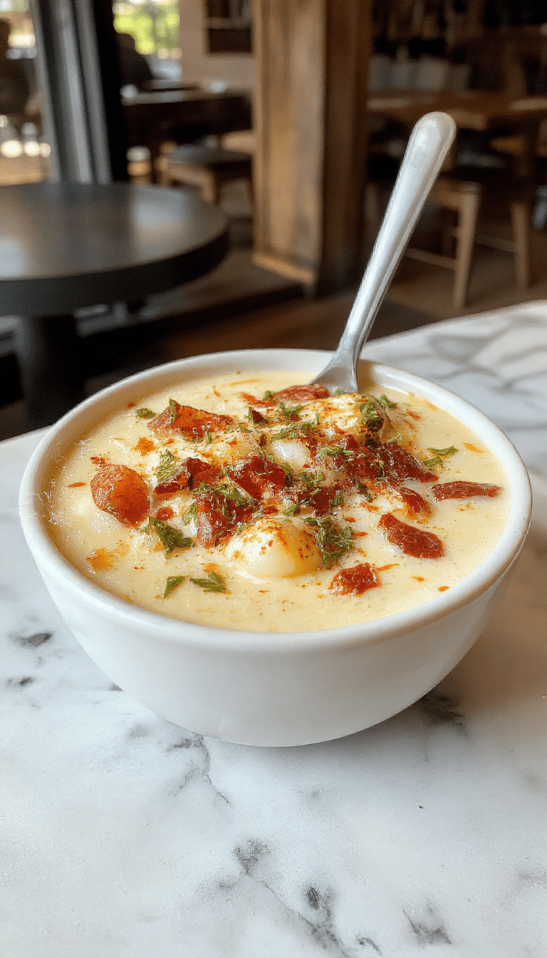 A warm bowl of loaded Outback potato soup topped with melted cheese, crispy bacon bits, chopped chives, and a dollop of sour cream, garnished with fresh parsley on a rustic wooden table with a spoon resting beside the bowl.