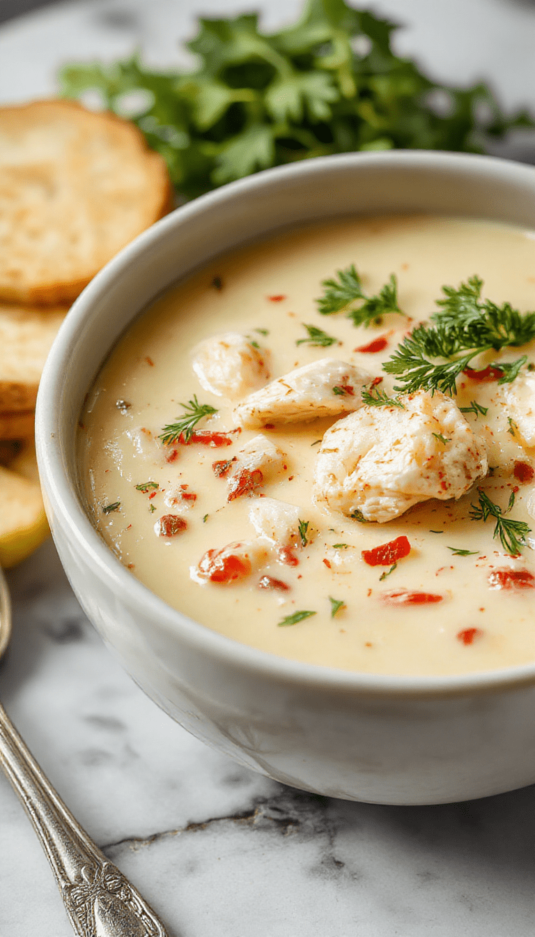 A creamy, vibrant bowl of Marry Me Chicken Soup with tender chicken pieces, melted cheese, fresh herbs, and a swirl of cream, garnished with chopped parsley on a rustic wooden table