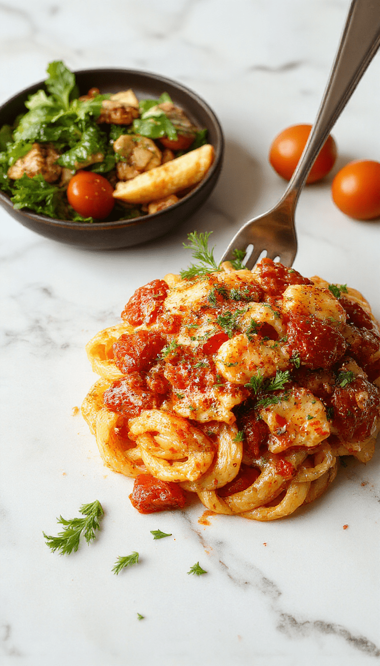 A vibrant bowl of creamy tomato pasta garnished with fresh basil and grated parmesan, showcasing smooth, glossy pasta coated in rich red sauce, artfully plated with a sprig of basil on top.