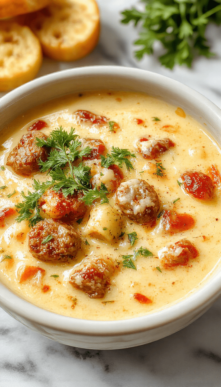 A steaming bowl of rich Italian sausage parmesan soup featuring golden-brown sausage crumbles, melted parmesan cheese, and fresh herbs on top, served in a rustic white bowl on a wooden table with a spoon, garnished with chopped parsley. The vibrant orange and creamy white colors highlight the hearty texture and inviting presentation.