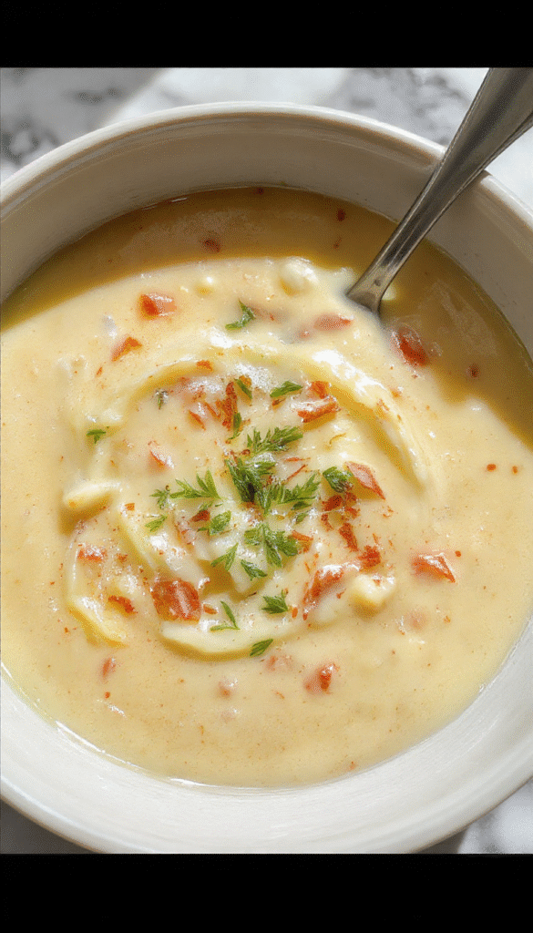 A close-up of a bowl of creamy pastina soup, featuring tiny pasta in a rich, velvety broth, topped with fresh herbs and grated cheese, served in a rustic white bowl on a wooden table with a spoon beside it.