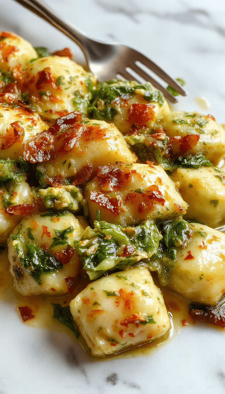 A colorful creamy pesto and spinach gnocchi bake served in a rustic ceramic dish, topped with melted cheese and fresh basil leaves, with a golden-brown crust and vibrant green spinach and sauce visible.