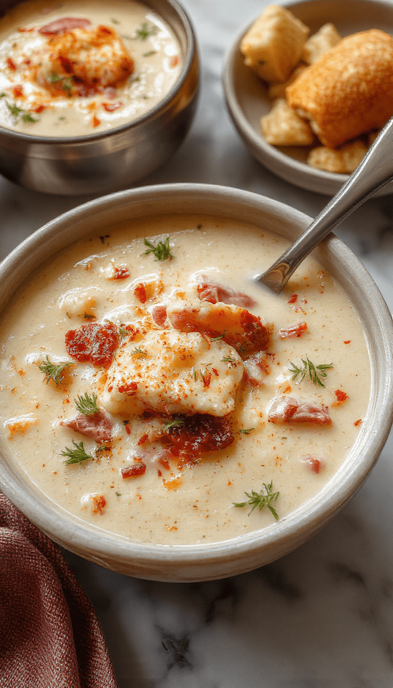 A creamy bowl of Reuben soup garnished with fresh parsley and a swirl of sour cream, featuring visible chunks of corned beef, sauerkraut, and Swiss cheese. The soup has a velvety texture and is served in a rustic white bowl on a wooden table, with crusty bread and pickle slices on the side, styled beautifully with a spoon resting beside the bowl.