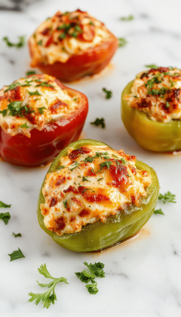 Colorful ripe red and yellow bell peppers filled with a creamy ricotta cheese mixture, topped with fresh herbs, sitting on a rustic white plate with a wooden table background, glossy finish showcasing textures of the cheese and vibrant peppers