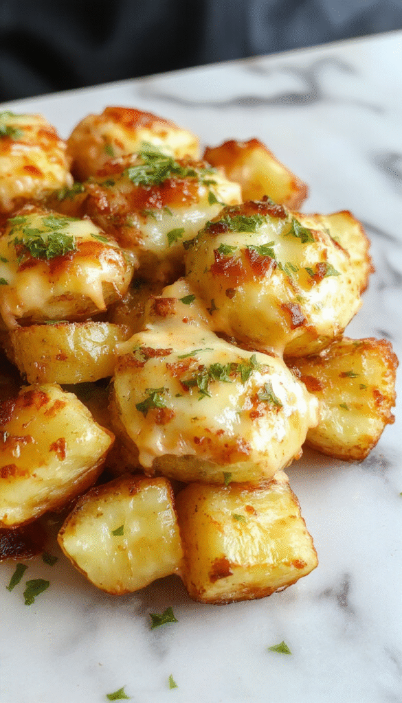 A golden-brown roasted garlic potatoes au gratin in a rustic white dish, topped with melted cheese and crispy garlic bits, garnished with fresh herbs, styled on a wooden surface with a fork and knife, vibrant warm lighting highlighting the creamy texture and cheesy crust.