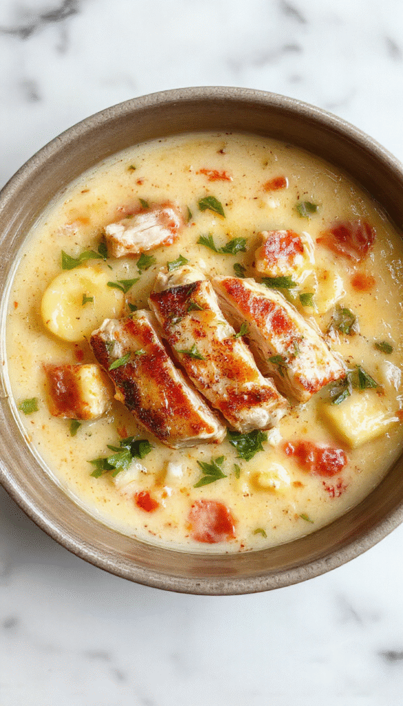 A warm bowl of creamy chicken gnocchi soup garnished with chopped parsley and grated cheese, served on a rustic wooden table with fresh herbs and a spoon, showcasing the hearty texture and inviting colors of the soup with tender gnocchi, shredded chicken, and vibrant green garnishes.