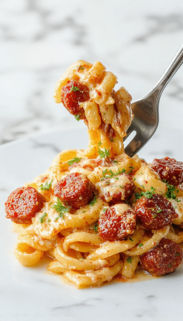 A close-up of a creamy sausage rigatoni dish served on a white plate, featuring golden-brown sausage slices, perfectly al dente rigatoni coated in a rich, creamy sauce, garnished with chopped herbs and freshly grated Parmesan cheese, with a rustic wooden background and a sprig of basil for garnish