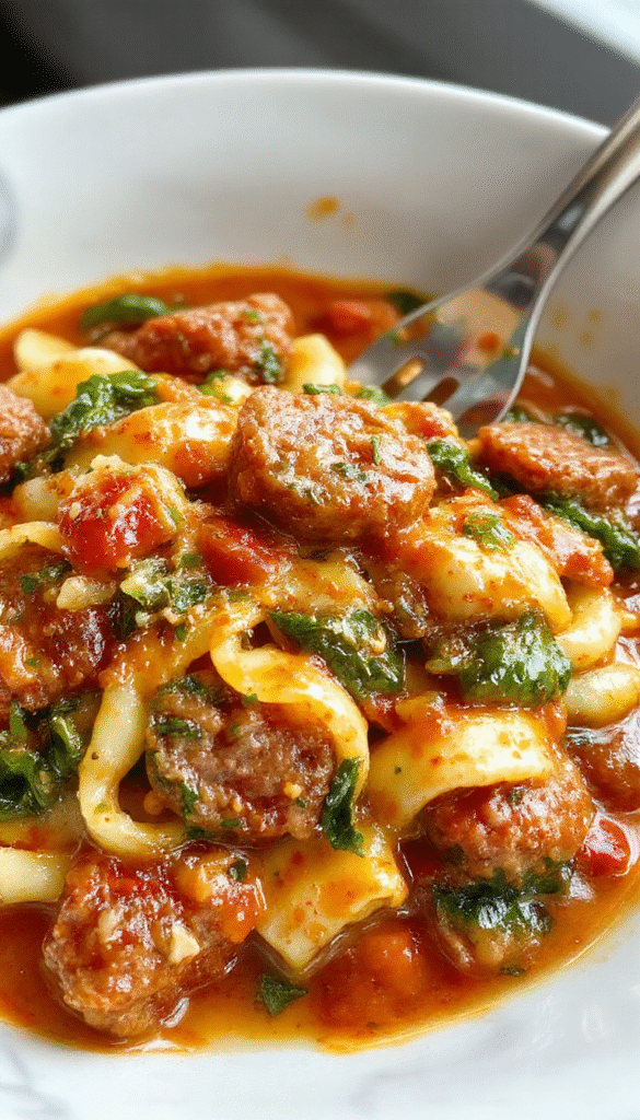 A vibrant plate of creamy sausage rigatoni topped with fresh spinach, melted cheese, and a rich tomato garlic sauce, garnished with herbs, all beautifully arranged on a white plate with a rustic wooden background.