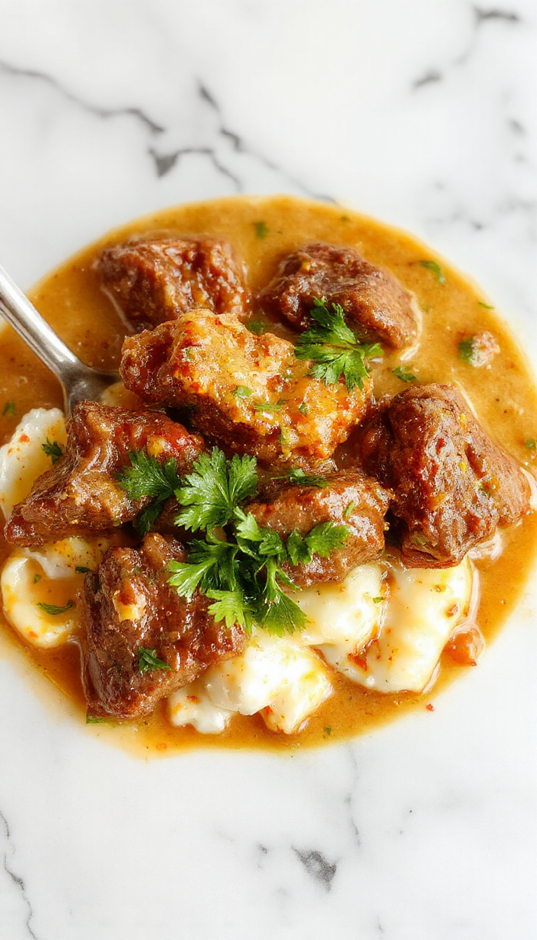 A vibrant bowl of beef coconut curry with tender beef chunks immersed in a rich, creamy sauce showcasing coconut flakes, garnished with fresh cilantro, set against a rustic wooden table with colorful vegetables and a side of rice.