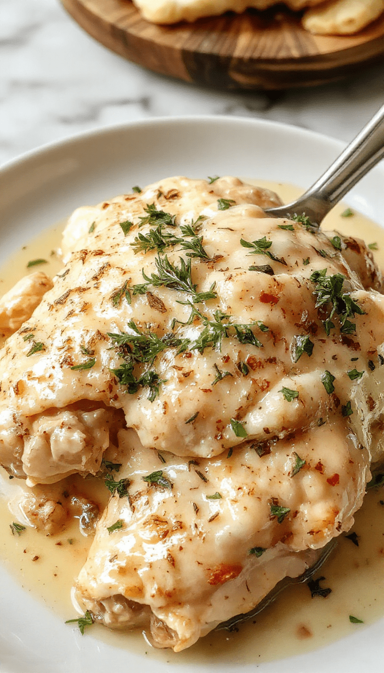 A close-up of a creamy chicken dish in a rustic bowl, garnished with fresh herbs. The chicken is tender and coated in a rich, white sauce, surrounded by vibrant green herbs. The background shows a wooden table and a sprig of thyme, with a spoon resting nearby, emphasizing the comforting and delicious presentation.