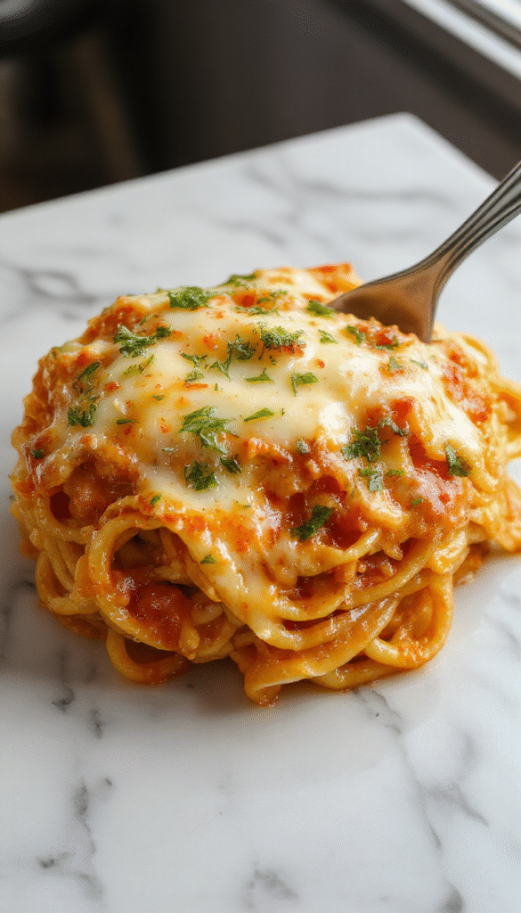 A vibrant plate of creamy Southern spaghetti bake featuring golden melted cheese on top, garnished with fresh herbs, served in a rustic dish with steam rising, showcasing gooey textures and hearty ingredients in warm lighting.