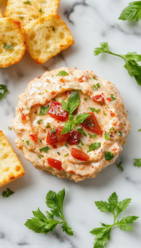 A vibrant white ceramic bowl filled with creamy tomato basil bruschetta dip, topped with fresh chopped basil and drizzled with olive oil, surrounded by toasted baguette slices, cherry tomatoes, and garlic cloves on a rustic wooden platter, creating an inviting and colorful appetizer setting.