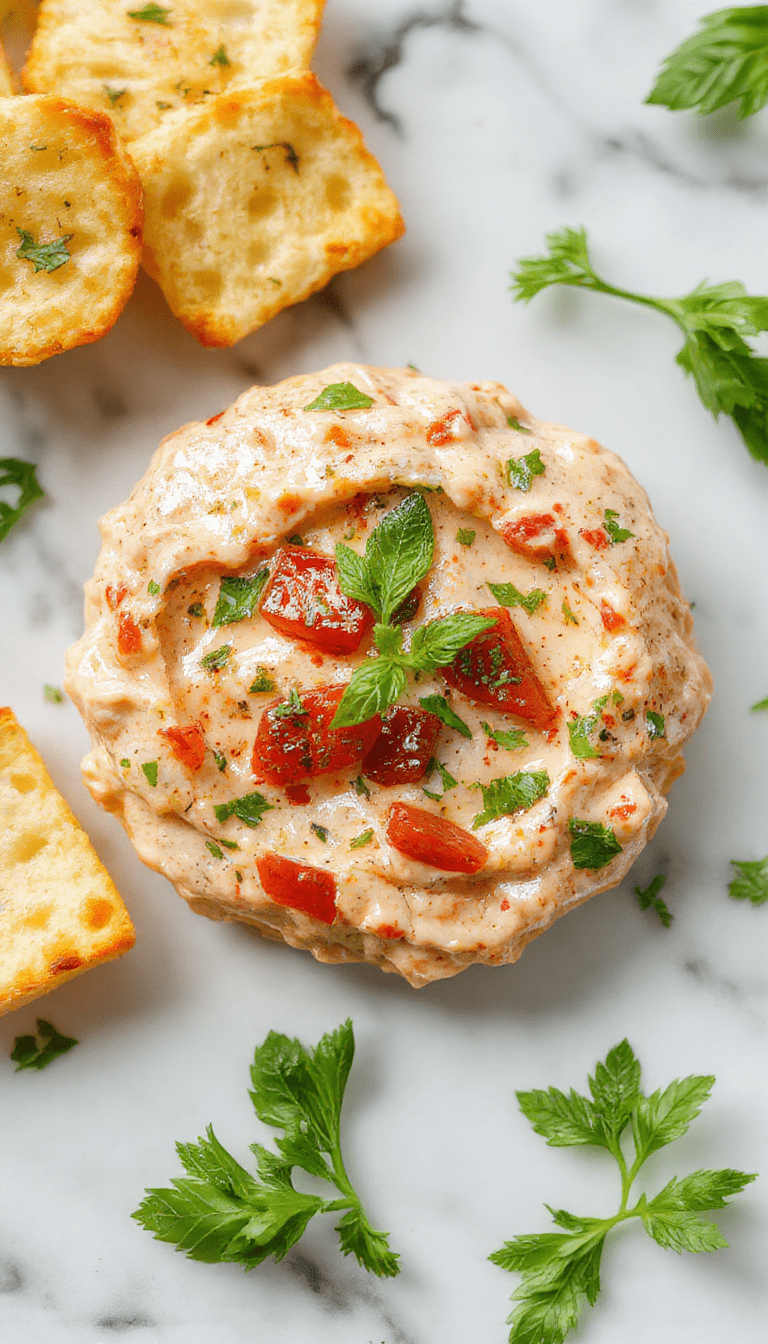 A vibrant white ceramic bowl filled with creamy tomato basil bruschetta dip, topped with fresh chopped basil and drizzled with olive oil, surrounded by toasted baguette slices, cherry tomatoes, and garlic cloves on a rustic wooden platter, creating an inviting and colorful appetizer setting.