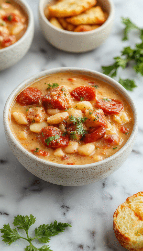 A vibrant bowl of creamy vegan tomato white bean stew featuring rich red tomato sauce, tender white beans, and fresh herbs, topped with a drizzle of olive oil and garnished with chopped parsley, served on a rustic wooden table with a spoon and slices of crusty bread in the background.