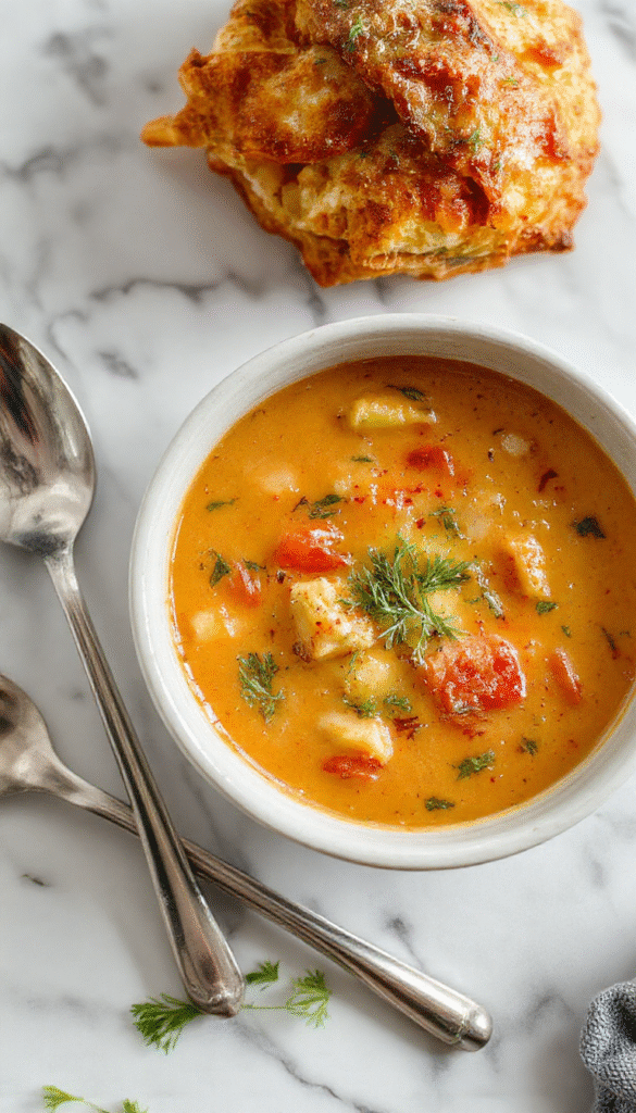 A vibrant bowl of creamy vegetable soup with colorful carrots, zucchini, and leafy greens, topped with a drizzle of coconut cream, served on a wooden table with fresh herbs and crusty bread in the background.